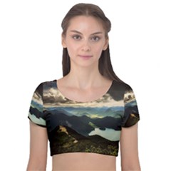 Mountains Sky Clouds Sunset Peak Overlook River Velvet Short Sleeve Crop Top  by danenraven