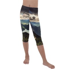 Mountains Sky Clouds Sunset Peak Overlook River Kids  Lightweight Velour Capri Leggings  by danenraven