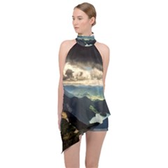 Mountains Sky Clouds Sunset Peak Overlook River Halter Asymmetric Satin Top by danenraven