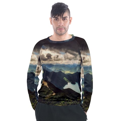 Mountains Sky Clouds Sunset Peak Overlook River Men s Long Sleeve Raglan Tee by danenraven