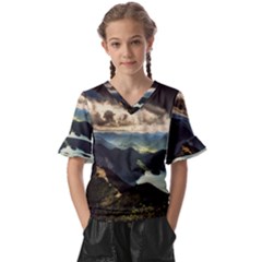 Mountains Sky Clouds Sunset Peak Overlook River Kids  V-neck Horn Sleeve Blouse by danenraven