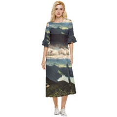 Mountains Sky Clouds Sunset Peak Overlook River Double Cuff Midi Dress by danenraven