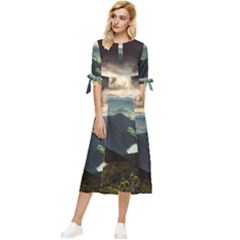 Mountains Sky Clouds Sunset Peak Overlook River Bow Sleeve Chiffon Midi Dress by danenraven