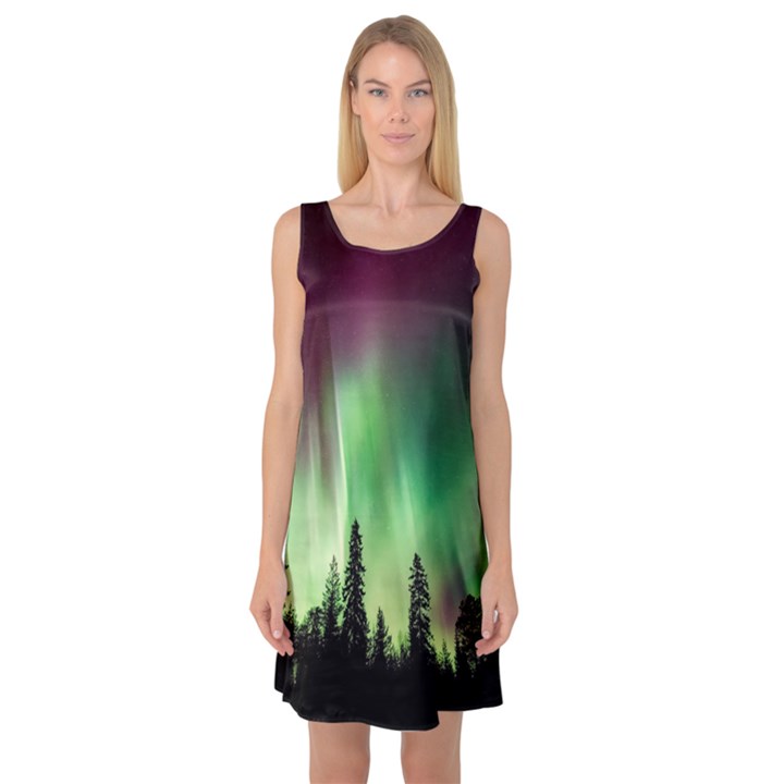 Aurora Borealis Northern Lights Forest Trees Woods Sleeveless Satin Nightdress