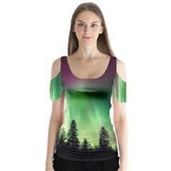 Aurora Borealis Northern Lights Forest Trees Woods Butterfly Sleeve Cutout Tee 