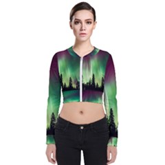 Aurora Borealis Northern Lights Forest Trees Woods Long Sleeve Zip Up Bomber Jacket by danenraven