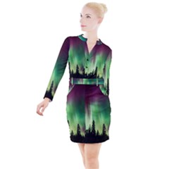 Aurora Borealis Northern Lights Forest Trees Woods Button Long Sleeve Dress by danenraven