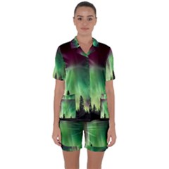 Aurora Borealis Northern Lights Forest Trees Woods Satin Short Sleeve Pajamas Set by danenraven