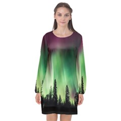 Aurora Borealis Northern Lights Forest Trees Woods Long Sleeve Chiffon Shift Dress  by danenraven