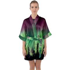 Aurora Borealis Northern Lights Forest Trees Woods Half Sleeve Satin Kimono  by danenraven