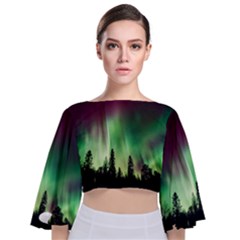 Aurora Borealis Northern Lights Forest Trees Woods Tie Back Butterfly Sleeve Chiffon Top by danenraven