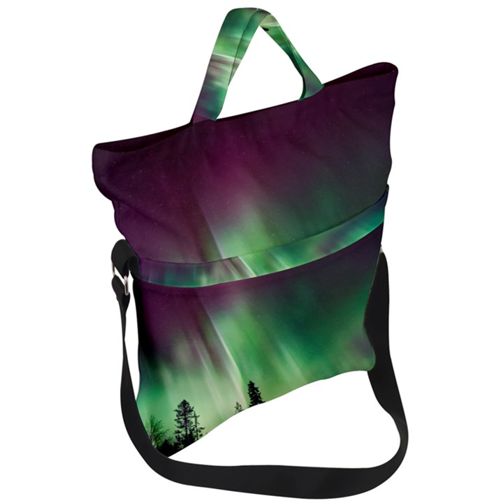 Aurora Borealis Northern Lights Forest Trees Woods Fold Over Handle Tote Bag