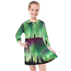 Aurora Borealis Northern Lights Forest Trees Woods Kids  Quarter Sleeve Shirt Dress by danenraven