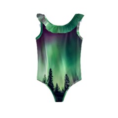 Aurora Borealis Northern Lights Forest Trees Woods Kids  Frill Swimsuit by danenraven