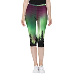 Aurora Borealis Northern Lights Forest Trees Woods Inside Out Lightweight Velour Capri Leggings  by danenraven