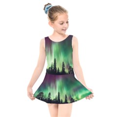 Aurora Borealis Northern Lights Forest Trees Woods Kids  Skater Dress Swimsuit by danenraven