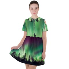 Aurora Borealis Northern Lights Forest Trees Woods Short Sleeve Shoulder Cut Out Dress  by danenraven