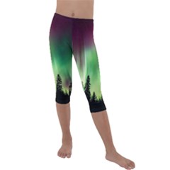 Aurora Borealis Northern Lights Forest Trees Woods Kids  Lightweight Velour Capri Leggings  by danenraven