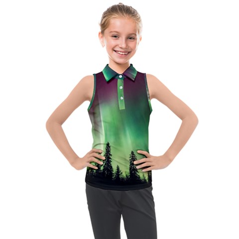 Aurora Borealis Northern Lights Forest Trees Woods Kids  Sleeveless Polo Tee by danenraven