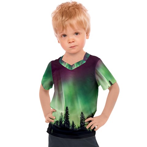 Aurora Borealis Northern Lights Forest Trees Woods Kids  Sports Tee by danenraven