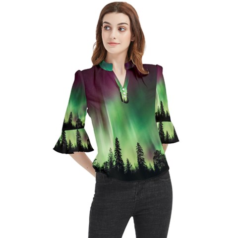 Aurora Borealis Northern Lights Forest Trees Woods Loose Horn Sleeve Chiffon Blouse by danenraven