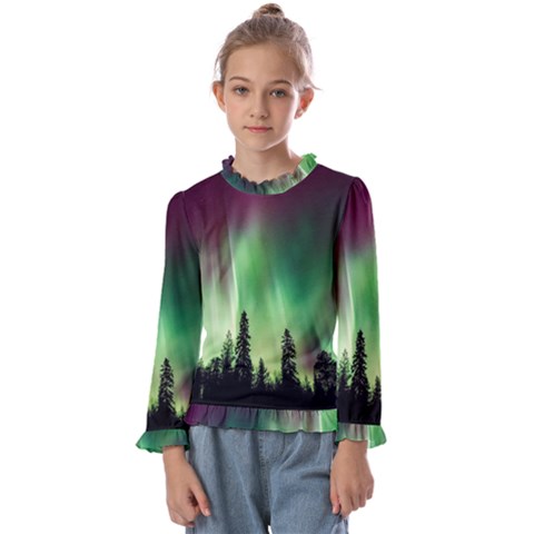 Aurora Borealis Northern Lights Forest Trees Woods Kids  Frill Detail Tee by danenraven