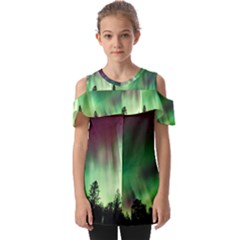 Aurora Borealis Northern Lights Forest Trees Woods Fold Over Open Sleeve Top by danenraven