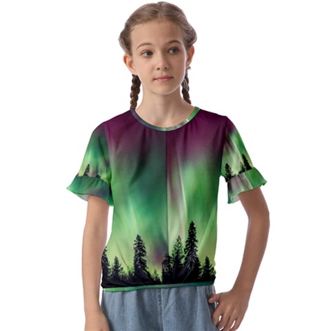 Aurora Borealis Northern Lights Forest Trees Woods Kids  Cuff Sleeve Scrunch Bottom Tee by danenraven