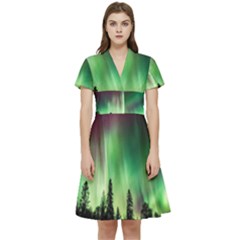 Aurora Borealis Northern Lights Forest Trees Woods Short Sleeve Waist Detail Dress by danenraven