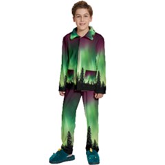 Aurora Borealis Northern Lights Forest Trees Woods Kids  Long Sleeve Velvet Pajamas Set