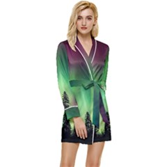 Aurora Borealis Northern Lights Forest Trees Woods Long Sleeve Satin Robe by danenraven