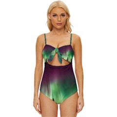 Aurora Borealis Northern Lights Forest Trees Woods Knot Front One-piece Swimsuit by danenraven