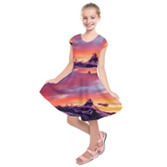 Matterhorn Mountains Sunset Dusk Snow Winter Kids  Short Sleeve Dress by danenraven