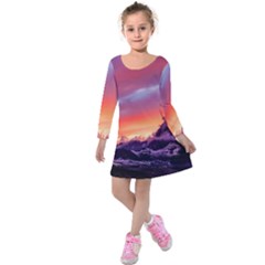 Matterhorn Mountains Sunset Dusk Snow Winter Kids  Long Sleeve Velvet Dress by danenraven