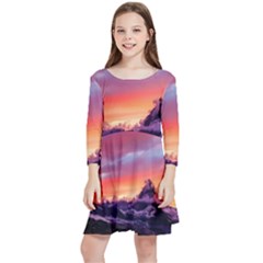 Matterhorn Mountains Sunset Dusk Snow Winter Kids  Quarter Sleeve Skater Dress by danenraven