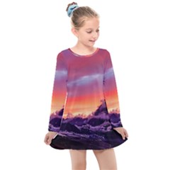 Matterhorn Mountains Sunset Dusk Snow Winter Kids  Long Sleeve Dress by danenraven