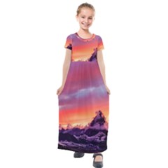 Matterhorn Mountains Sunset Dusk Snow Winter Kids  Short Sleeve Maxi Dress by danenraven