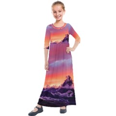 Matterhorn Mountains Sunset Dusk Snow Winter Kids  Quarter Sleeve Maxi Dress by danenraven