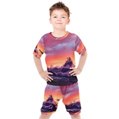 Matterhorn Mountains Sunset Dusk Snow Winter Kids  Tee And Shorts Set by danenraven