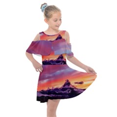 Matterhorn Mountains Sunset Dusk Snow Winter Kids  Shoulder Cutout Chiffon Dress by danenraven