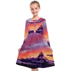 Matterhorn Mountains Sunset Dusk Snow Winter Kids  Midi Sailor Dress by danenraven