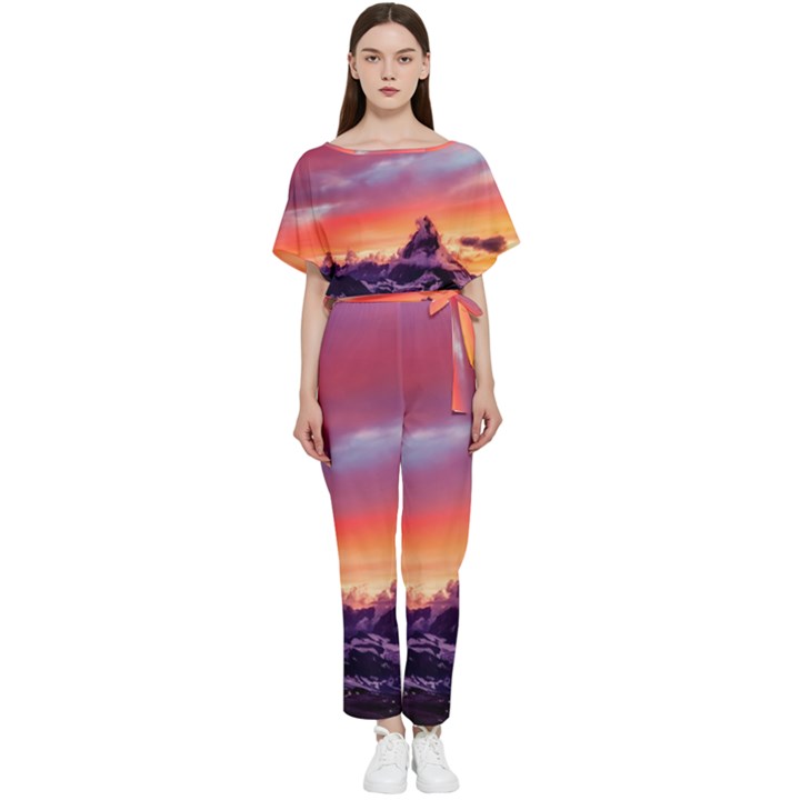 Matterhorn Mountains Sunset Dusk Snow Winter Batwing Lightweight Chiffon Jumpsuit