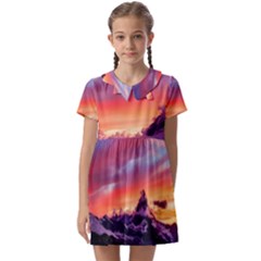 Matterhorn Mountains Sunset Dusk Snow Winter Kids  Asymmetric Collar Dress by danenraven