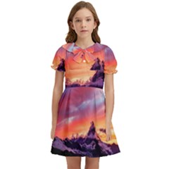 Matterhorn Mountains Sunset Dusk Snow Winter Kids  Bow Tie Puff Sleeve Dress by danenraven