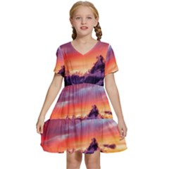 Matterhorn Mountains Sunset Dusk Snow Winter Kids  Short Sleeve Tiered Mini Dress by danenraven