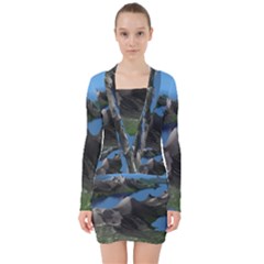 Mountain Landscape Rocky Rocks Geology Scenic V-neck Bodycon Long Sleeve Dress by danenraven