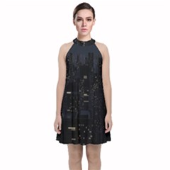 City Night Urban Downtown Science Tower Halo Velvet Halter Neckline Dress  by danenraven