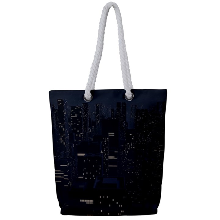 City Night Urban Downtown Science Tower Halo Full Print Rope Handle Tote (Small)