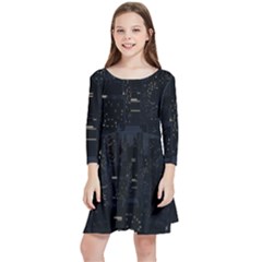 City Night Urban Downtown Science Tower Halo Kids  Quarter Sleeve Skater Dress by danenraven