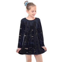 City Night Urban Downtown Science Tower Halo Kids  Long Sleeve Dress by danenraven